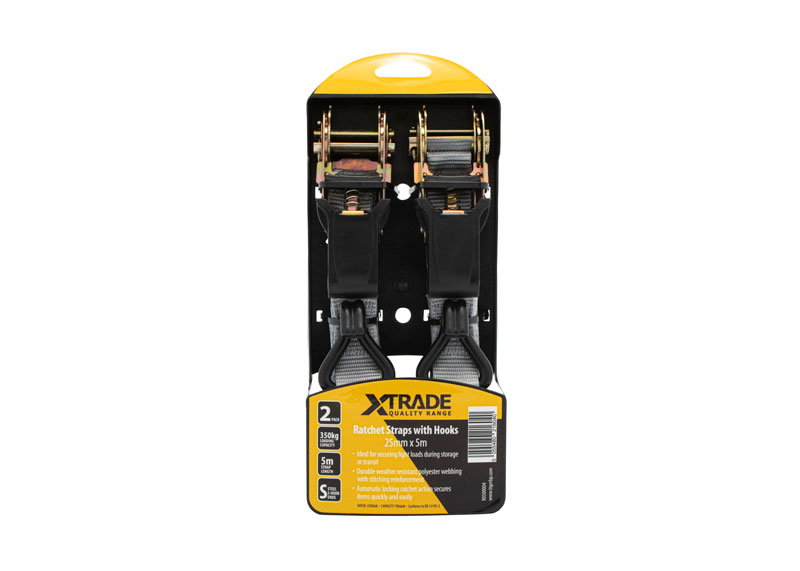 XTRADE RATCHET STRAPS WITH HOOKS 25mm X 5m (2pc) | ATKO